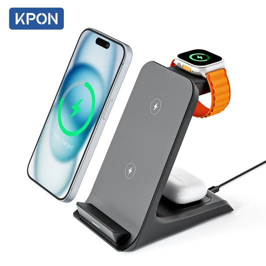 KPON 3 in 1 Wireless Charger Stand Fast Charging Station Dock For iPhone