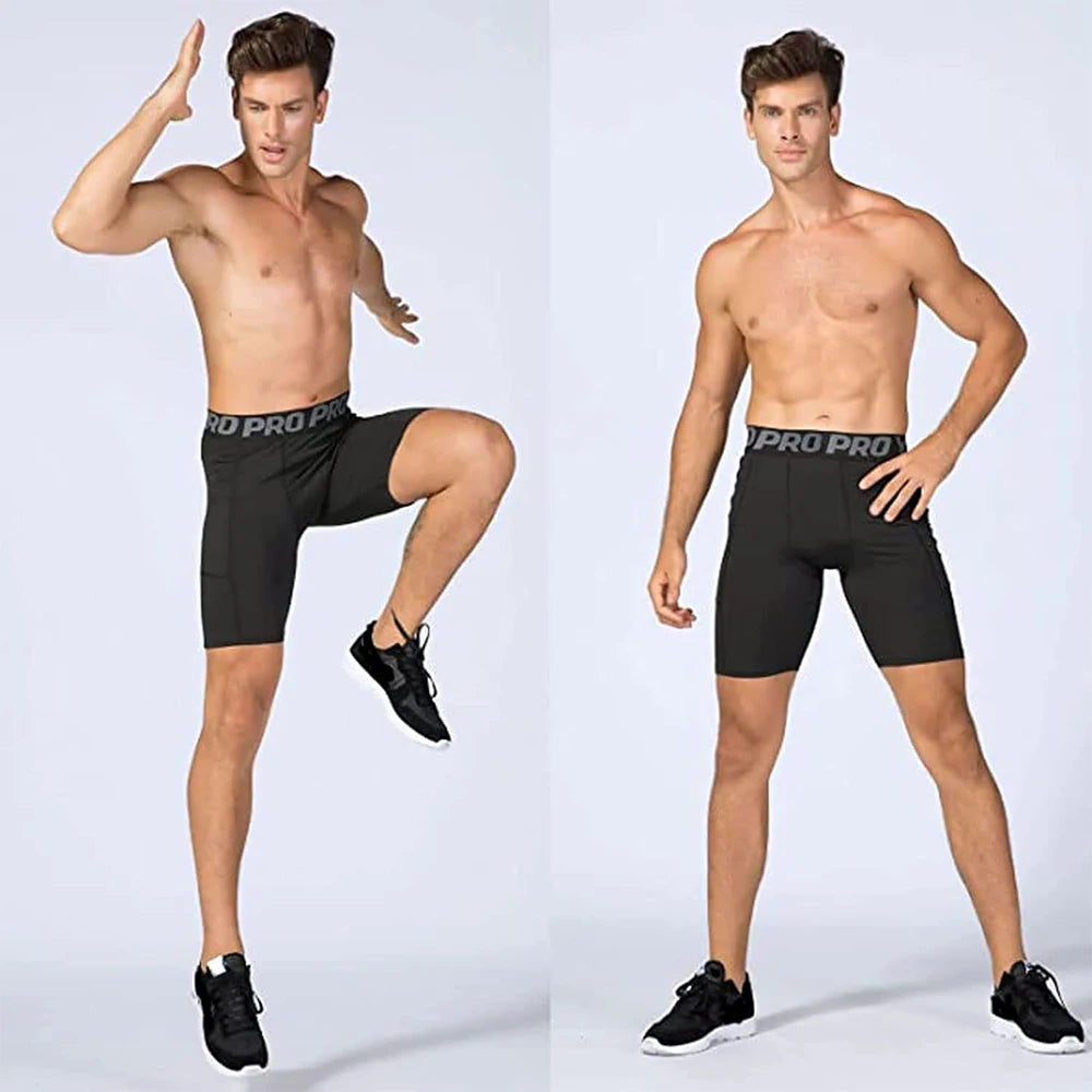 Mens Gym Shorts with Pockets Workout Compression Leggings
