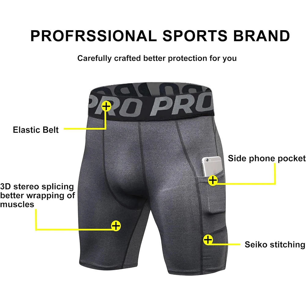 Mens Gym Shorts with Pockets Workout Compression Leggings
